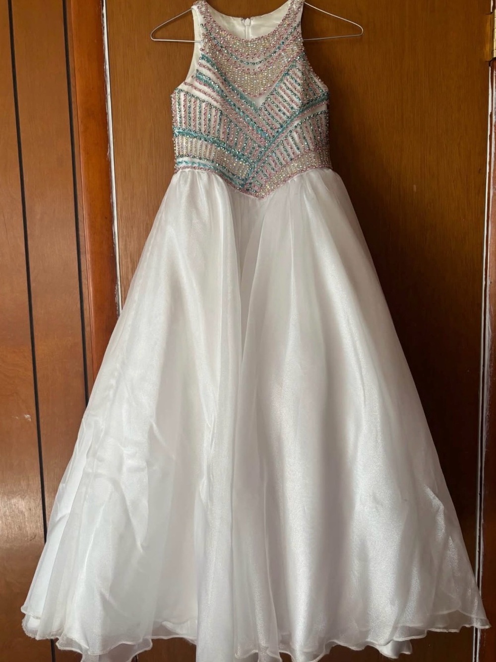 Girls White Ball Gown Dress with Beaded Pastel Bodice